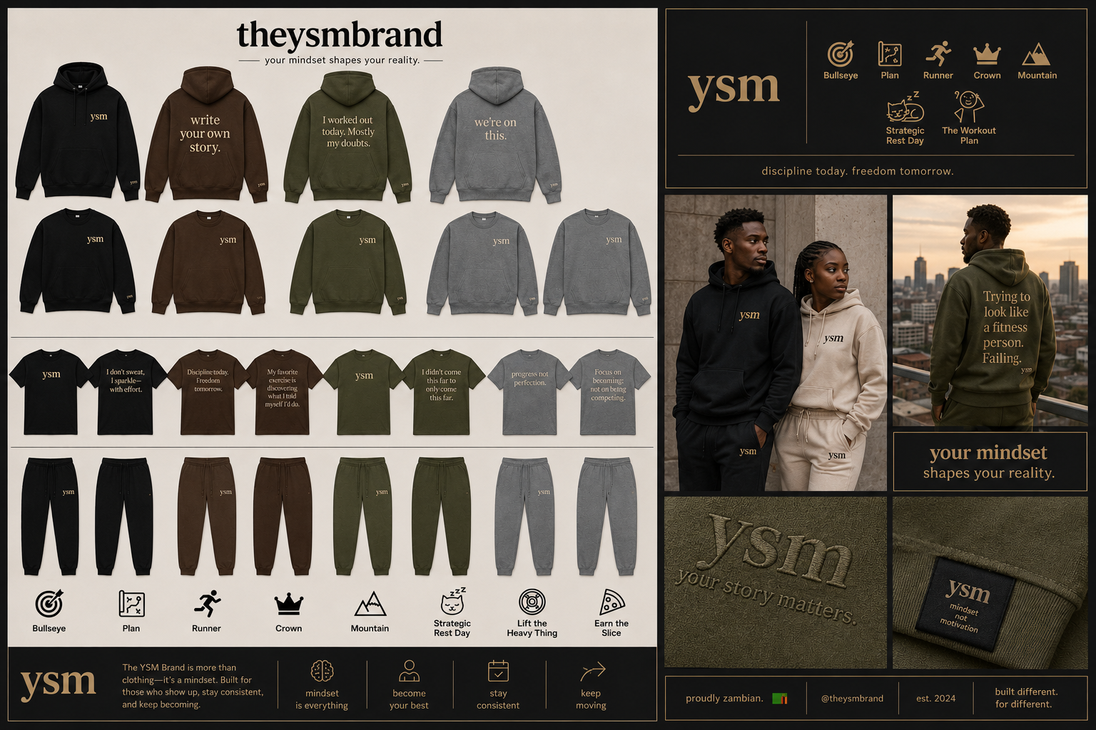 YSM Brand full apparel collection — hoodies, crewnecks, tees and joggers in black, brown, olive and grey