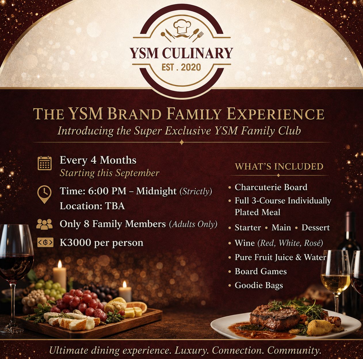 The YSM Brand Family Experience flyer — luxury dinner club in Lusaka